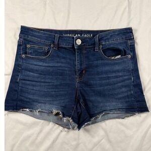 American Eagle Stretch Shortie Denim Shorts Dark Wash Distressed Hem Size 10